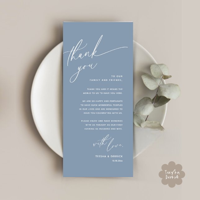 Cartões de agradecimentos Romântico de Definição d (Romantic Wedding Dinner Place Setting Thank You Card Lunch Brunch in Classy Dusty Blue)