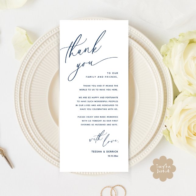 Cartões de agradecimentos Romântico de Definição d (Romantic Wedding Dinner Place Setting Thank You Card Lunch Brunch in Classy Navy Blue)