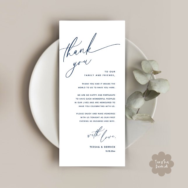 Cartões de agradecimentos Romântico de Definição d (Romantic Wedding Dinner Place Setting Thank You Card Lunch Brunch in Classy Navy Blue)