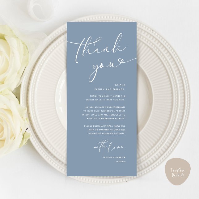 Cartões de agradecimentos Romântico moderno (Modern Romantic Wedding Reception Dinner Thank You Card in Dusty Blue)