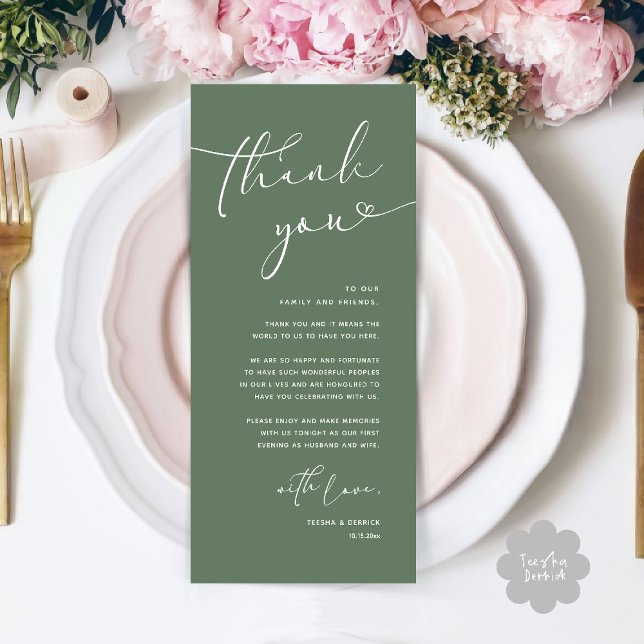 Cartões de agradecimentos Romântico moderno (Modern Romantic Wedding Reception Dinner Thank You Card in Sage Green)