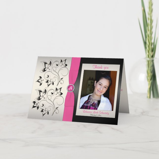 Cartões de agradecimentos rosa, preto e prata com  (Frente)