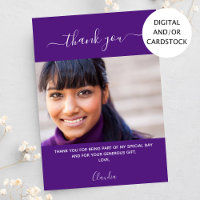 Cartões de agradecimentos roxo com foto de anivers