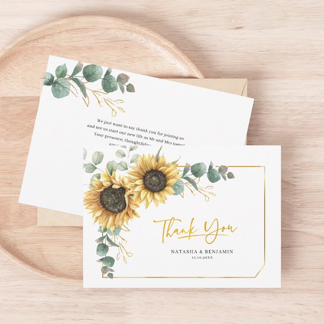 Cartões de agradecimentos Rustic Sunflower Eucalyp (Sunflower Floral Script Wedding Thank You Card)