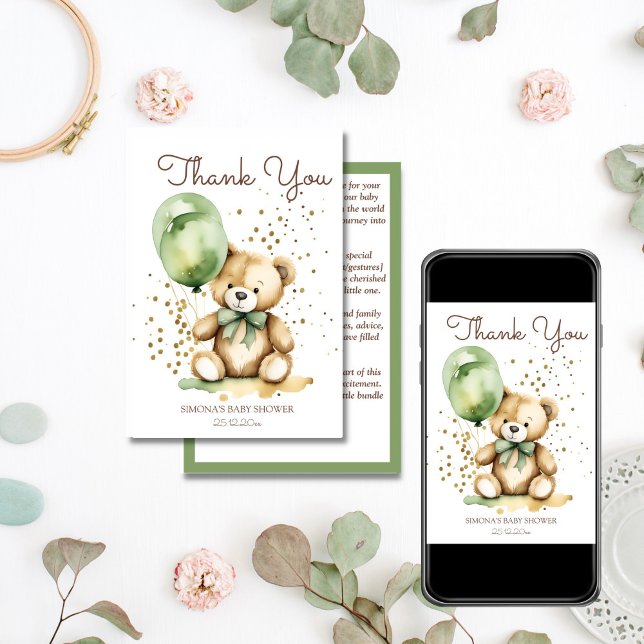 Cartões de agradecimentos verde ursinho de espera  (Bearly wait teddy bear sage green balloons baby shower thank you card editable template download)