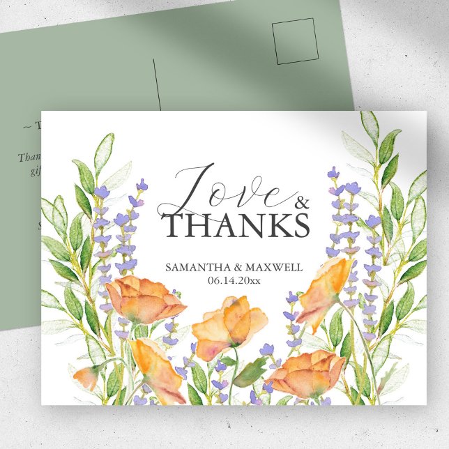Cartões de agradecimentos Watercolor Flores selvag (Bridal shower thank you postcard watercolor wildflowers by Victoria Grigaliunas )