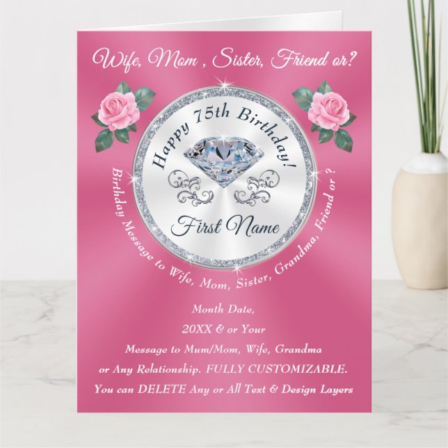Cartões de aniversário 75 para ela, mãe, esposa, i (Frente)