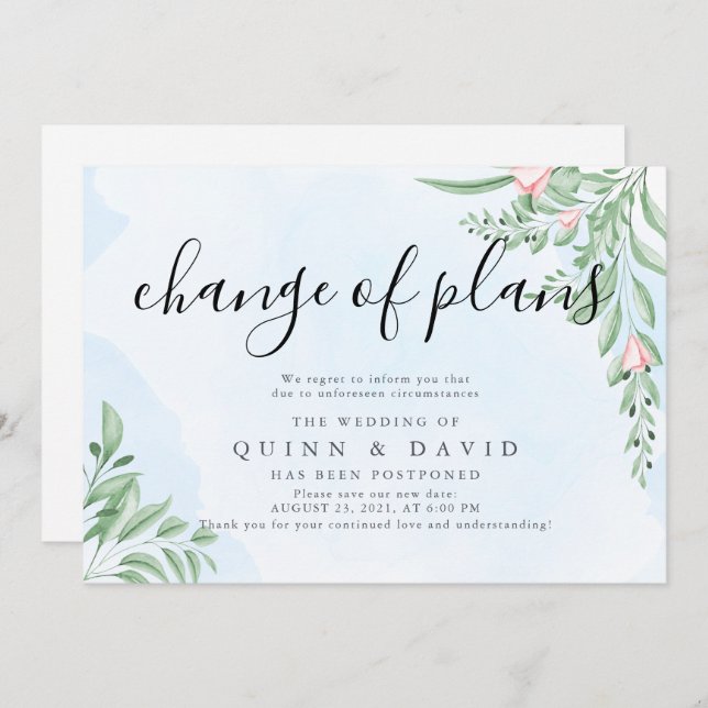 Cartões de Anúncio de Casamento Adiados com Azul D (Frente/Verso)