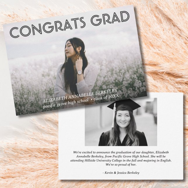 Cartões de Anúncio de Foto de Formatura Modernos C (Classic Modern Graduation Photo Announcement Cards)