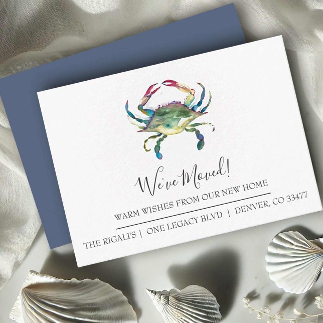 Cartões de Anúncio de Mudança para Praia Nova Casa (Watercolor crab moving announcement cards by Florida Watercolor Artist Victoria Grigaliunas)