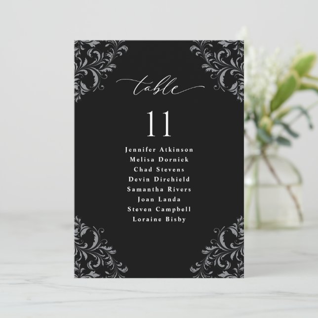 Cartões de Assento de Casamento Preto e Branco Ele (Em pé/Frente)