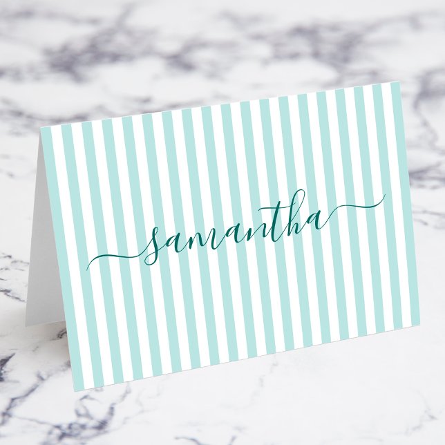 Cartões de Assinatura com Listras de Azul Claro e  (Light Teal and White Stripes Individual Name Signature Place Cards)