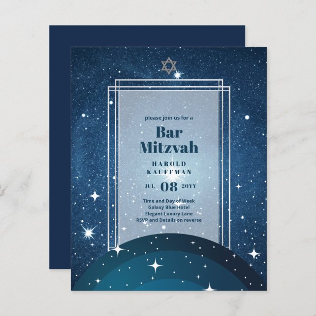 CARTÕES DE BAR MITZVAH Céus Celestiais Galáxia Azu (Frente/Verso)