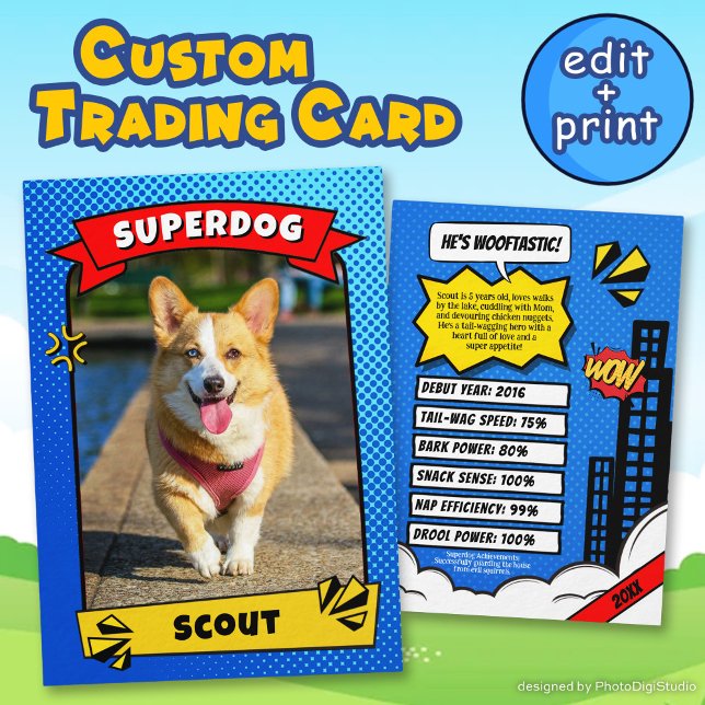 Cartões de Cachorro Personalizados Engraçados (Superdog Comic Trading Card Funny Custom Dog Cards)