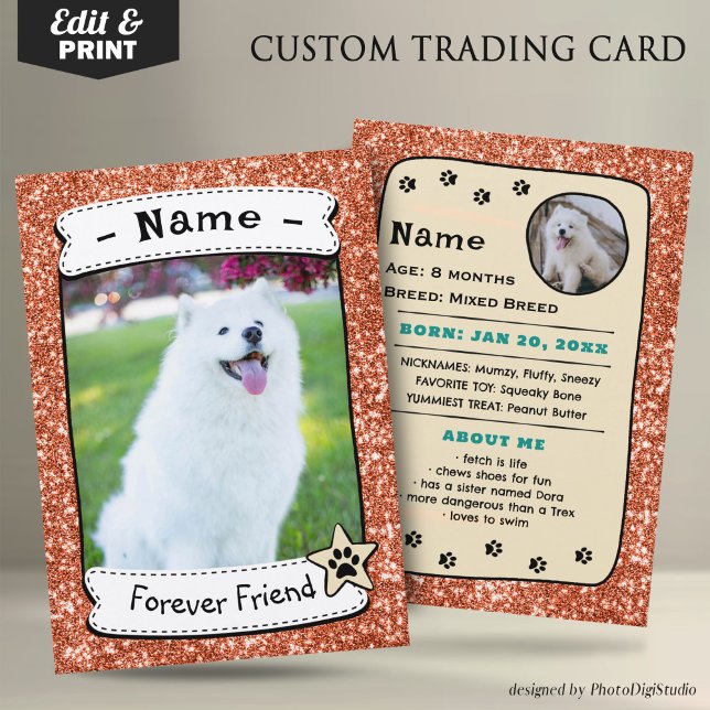 Cartões de Cães Personalizados - Cartão de Negocia (Glitter Orange Neutral Pet Trading Card Dog Trading Card Therapy Dog)