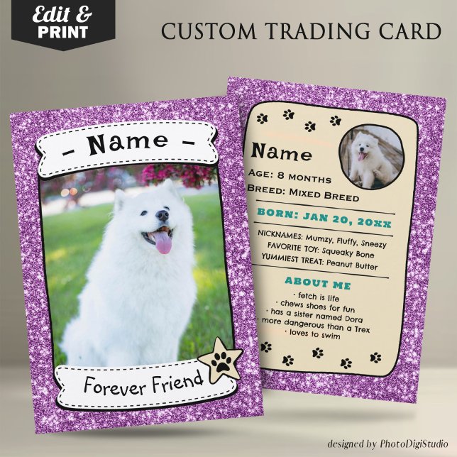 Cartões de Cães Personalizados - Cartão de Negocia (Glitter Pink Pet Trading Card Dog Trading Card Therapy Dog)
