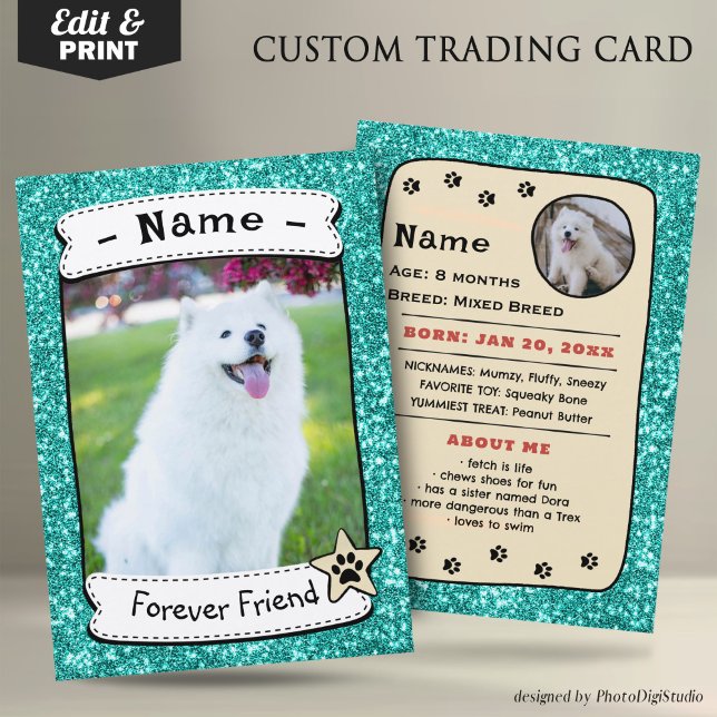 Cartões de Cães Personalizados - Cartão de Negocia (Glitter Green Neutral Pet Trading Card Dog Trading Card Therapy Dog)