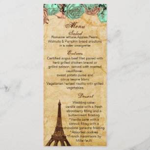 cartões de cardápio de casamento da mint vintage e