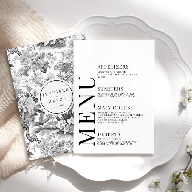 Cartões de cardápio de noiva da chinoiserie preta (Criador carregado)