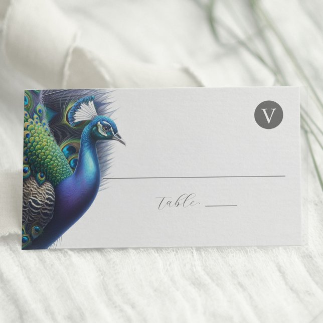 Cartões de Casamento Aquarela (Place cards watercolor peacock in shades of royal blue, green and purple Do Tell A Belle)