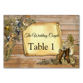 Cartões de Casamento Steampunk em Mesa de Madeira