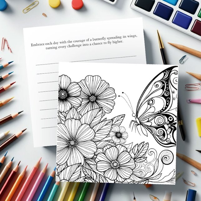 Cartões de coloração borboleta com Diário (Butterfly coloring pages for adult women with flowers and journaling on the back)
