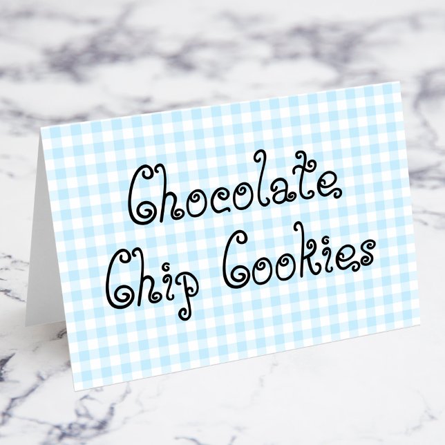 Cartões de Comida de Gingham Azul Pastel (Pastel Blue Gingham Chocolate Chip Cookies Food Cards)