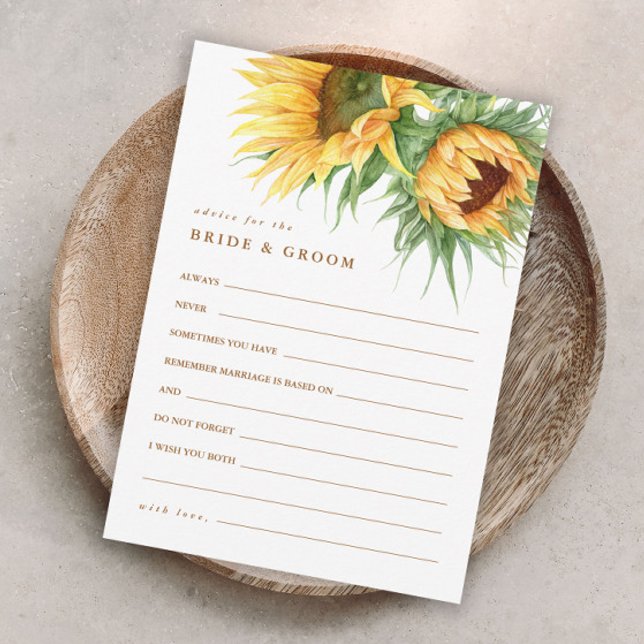 Cartões de Conselhos de Chá de Noiva Girassol Rúst (Elegant sunflower bridal shower advice enclosure cards.)