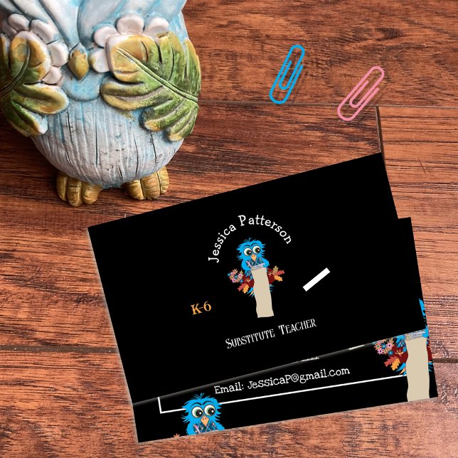 Cartões de contato pretos substitutos do professor (Blue owl substitute teacher standard horizontal business cards )