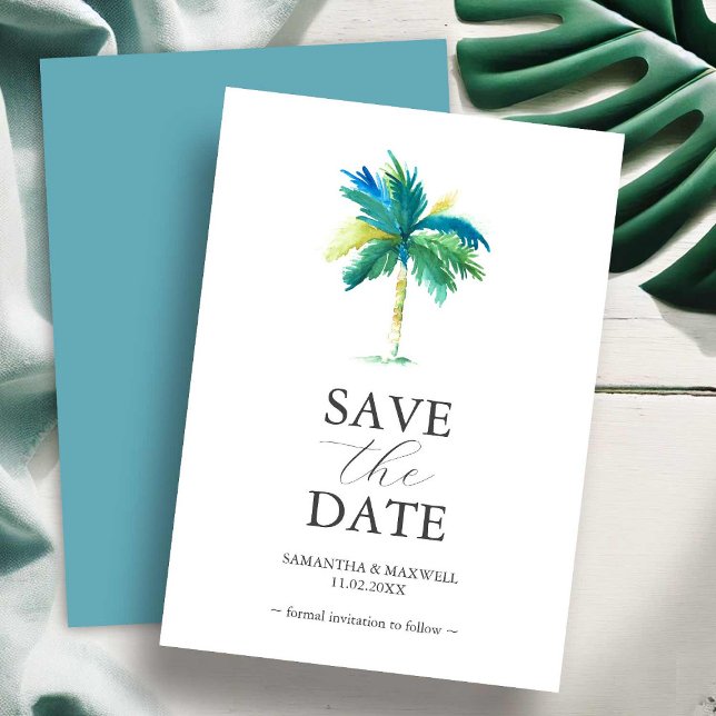 Cartões de Convite de Noivado com Palmeira (Watercolor palm tree save the date wedding invitation art by Victoria Grigaliunas Do Tell A Belle)
