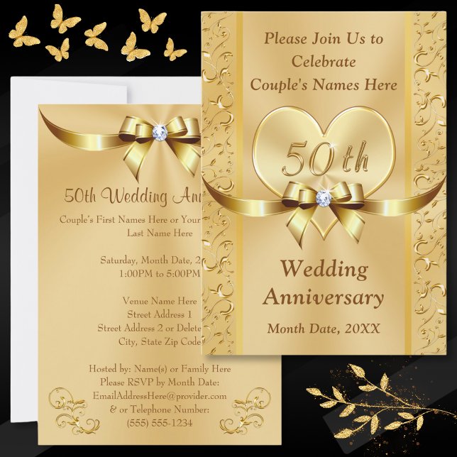 Cartões de Convite para 50 Anos de Casamento Doura (Personalized 50th Wedding Anniversary Invitations. Golden anniversary invitations, with Gold Heart. )