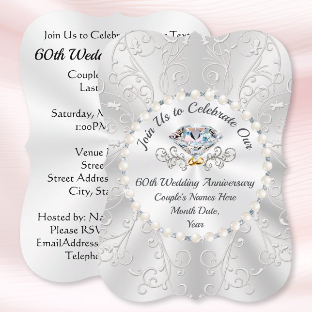 Cartões de Convite para 60 Anos de Casamento (Personalised, 60th Wedding Anniversary Invitation Cards. Diamond anniversary invitations / Save Date)