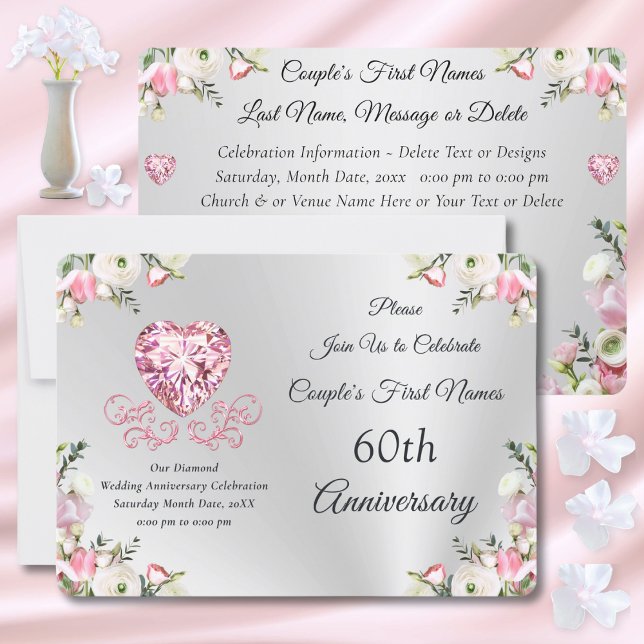 Cartões de Convite para o 60º Aniversário de Casam (60th wedding anniversary invitations. Silver, Blush Pink Personalised, 60th anniversary invitations.)