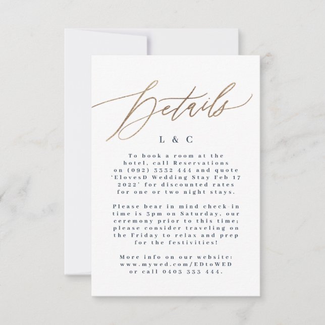 Cartões de Detalhes de Casamento Dourado com Aloja (Frente)