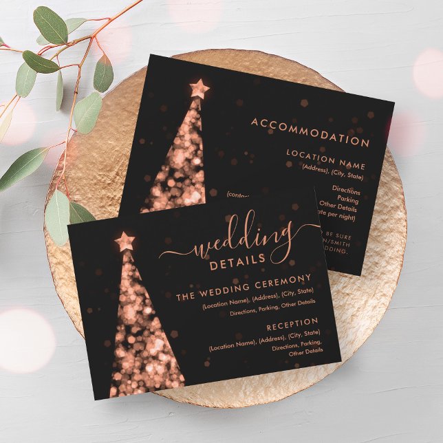 Cartões de Detalhes do Casamento Dourado da Árvore (Festive Xmas Tree Rose Gold Wedding Details Card)