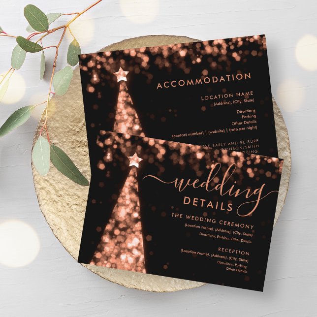 Cartões de Detalhes do Casamento Dourado da Árvore (Festive Xmas Tree Rose Gold Wedding Details Card)