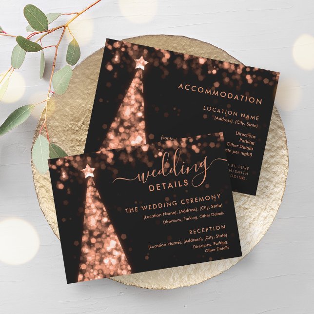 Cartões de Detalhes do Casamento Dourado da Árvore (Festive Xmas Tree Rose Gold Wedding Details Card)