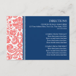 Cartões de Direção de Casamento Azul-Coral Damasco