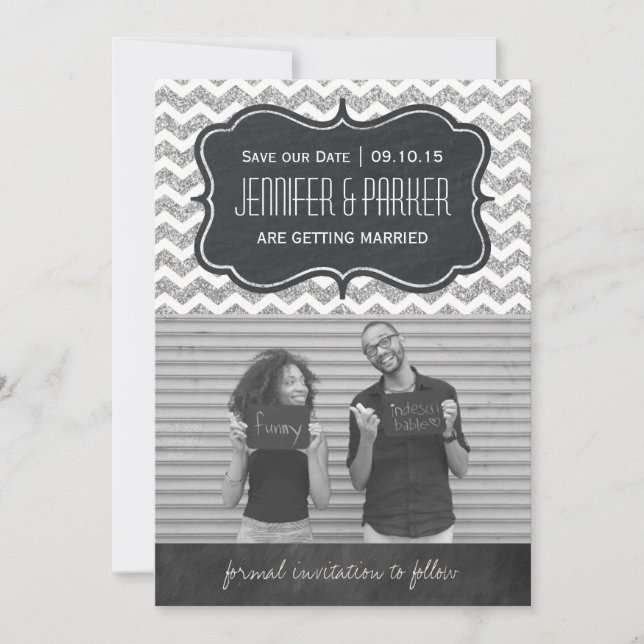 Cartões de Foto Chevron Glitter Save the Date (Frente)