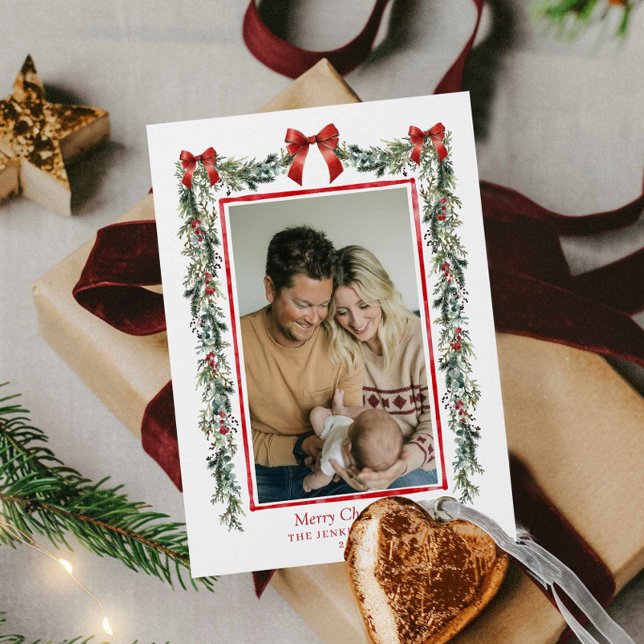 Cartões de foto de Natal Botânico Elegante (Elegant Botanical Merry Christmas photo card)