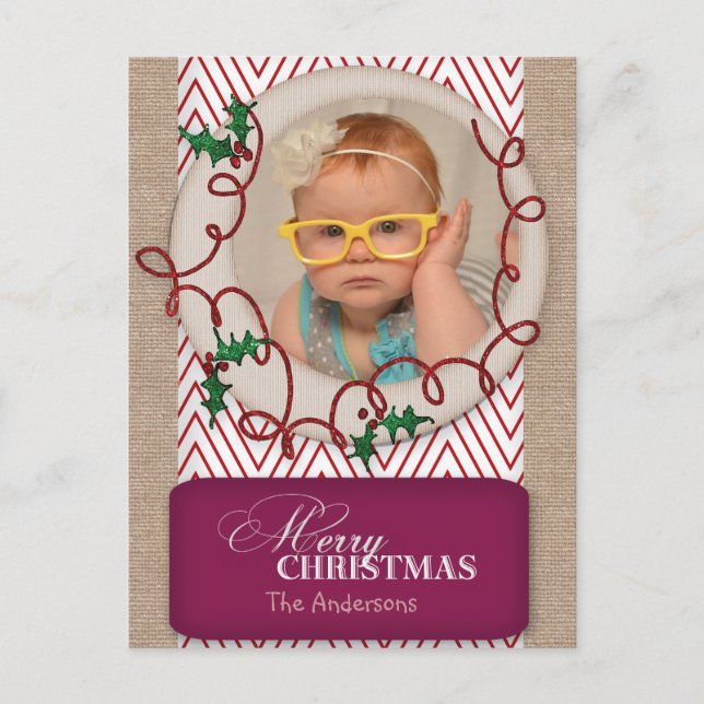 Cartões de foto de Natal Burlap e Red Chevron (Frente)