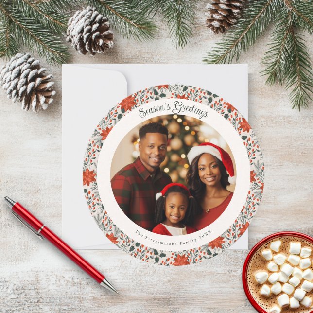 Cartões de foto de Natal Clássico de Poinsettia Ve (Poinsettia Season Circle Photo Christmas Card white)