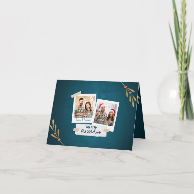 Cartões de foto de Natal de cor verde com saudaçõe (Frente)