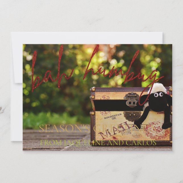 Cartões de foto de Natal De Humbug Do Script Red G (Frente)