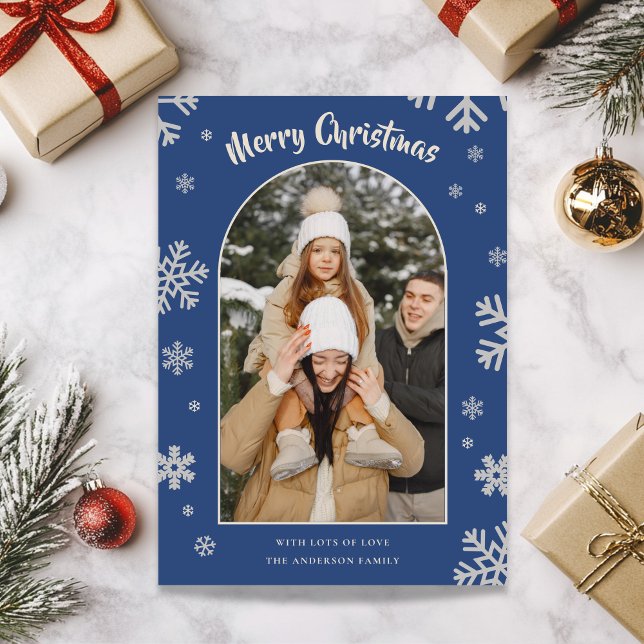 Cartões de foto de Natal de Neve Azul Elegante (Elegant Blue Snowflake Christmas Photo Card)