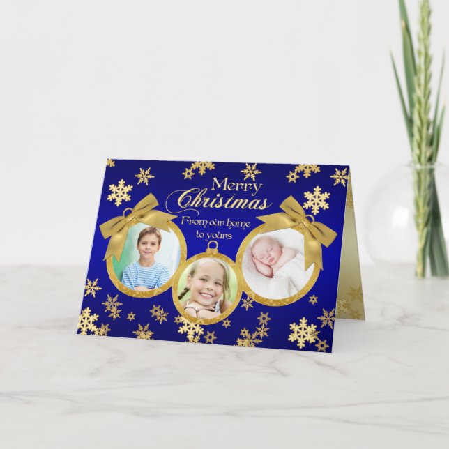 Cartões de foto de Natal de ornamentos Azul e Dour (Frente)