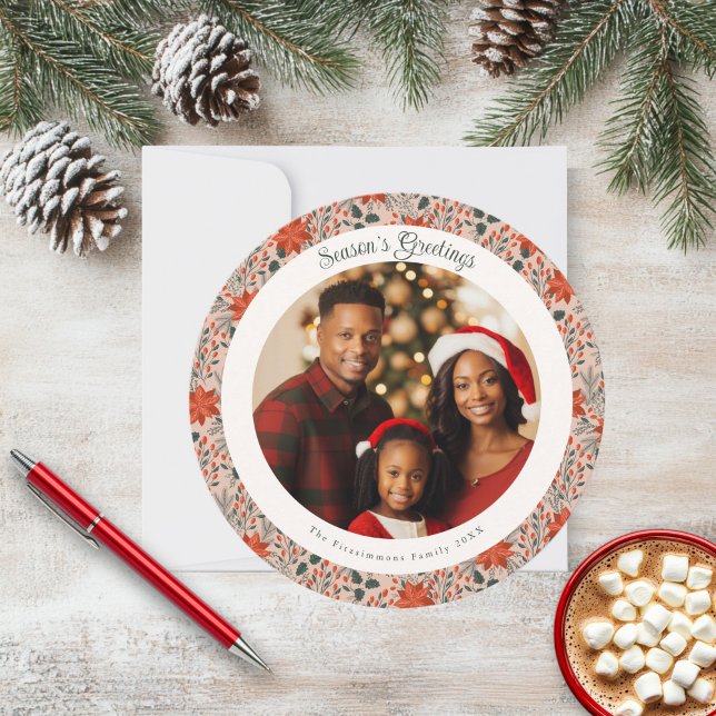 Cartões de foto de Natal de Poinsettia Cor-de-Rosa (Poinsettia Season Circle Photo Christmas Card blush pink)