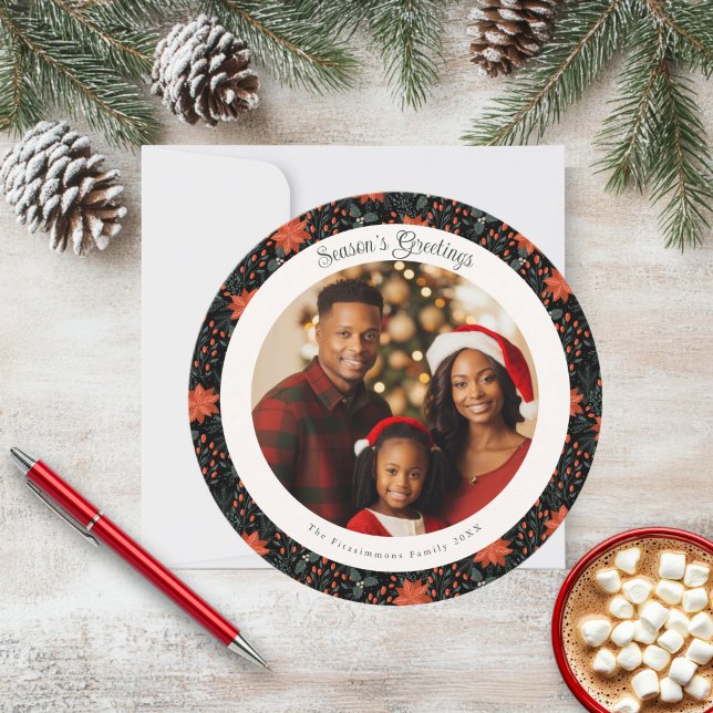 Cartões de foto de Natal de Poinsettia Negra e Ver (Poinsettia Season Circle Photo Christmas Card black)