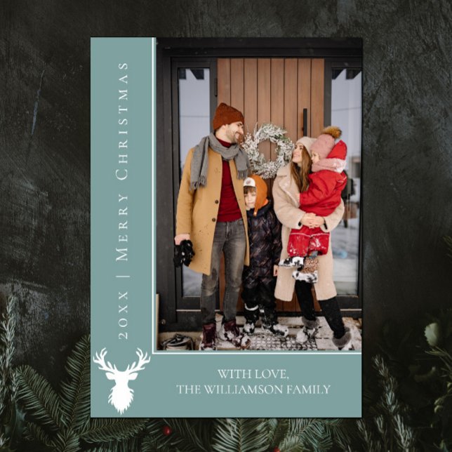 Cartões de foto de Natal de Reindeer Simples | Tea (Teal Simple Reindeer Christmas Photo Card)