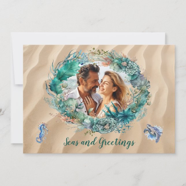 Cartões de foto de Natal de Wreath do Oceano Azul (Frente)